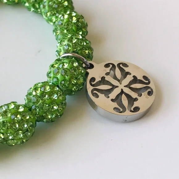 Rustic Cuff Emerson Lime Green Crystal Silver Bead Stretch Bracelet